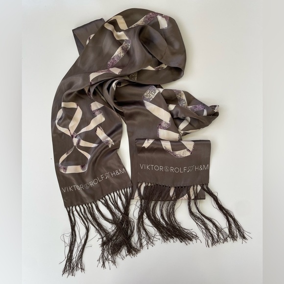 VIKTOR & ROLF X H&M Taupe Brown Gray 100% SILK Scarf with Fringe - Picture 1 of 5
